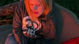 Camping with bf and his friends my bf goes to bed early so I pull out my vib and fuck his roommate - porn video